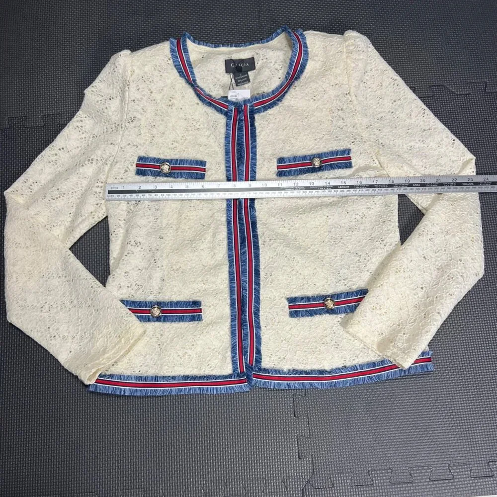 Gracia Womens Ivory Trim Lace Jacket L With Blue & Red Accent Trim - Picture 2 of 5